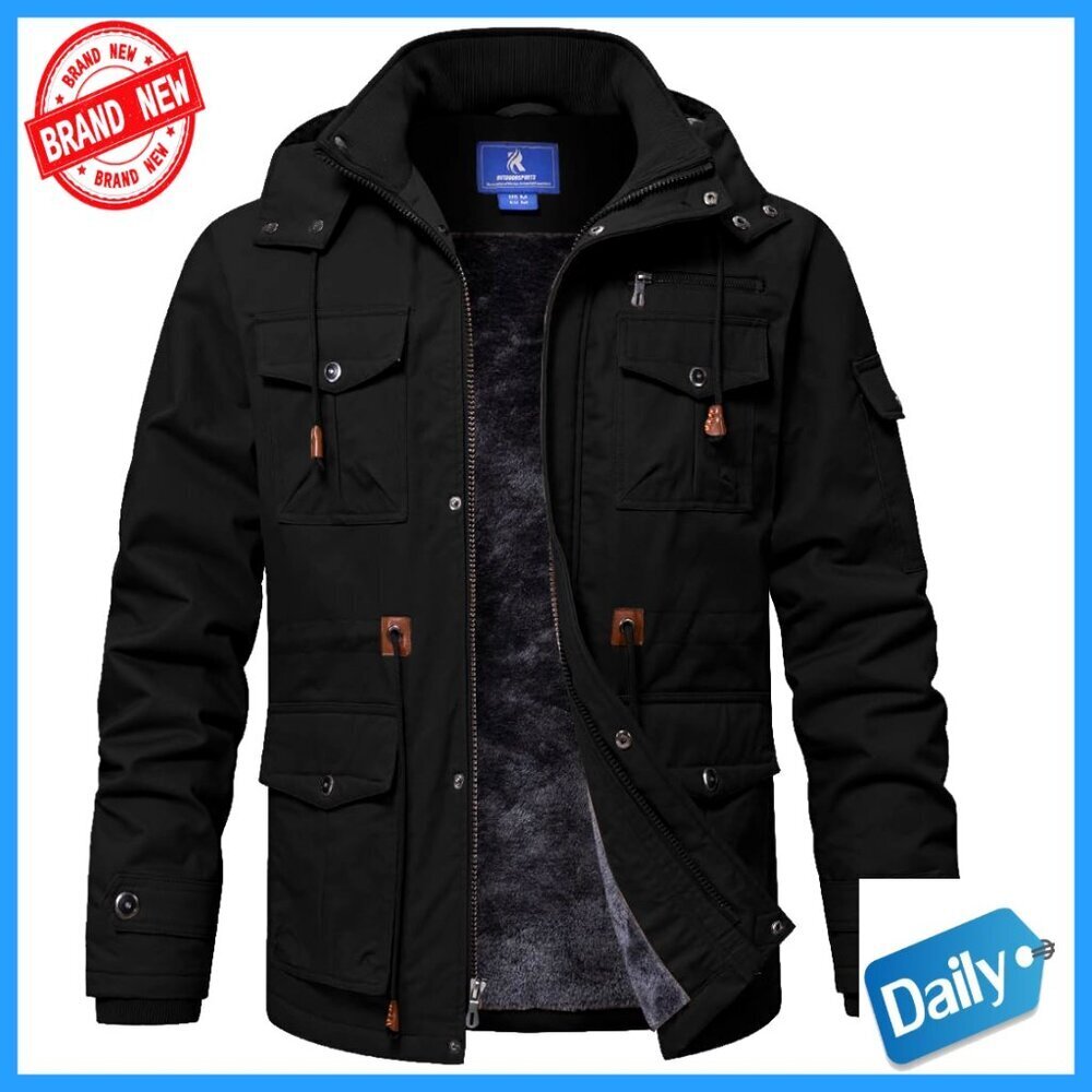 Fleece Lined Military Jacket Classic Retro Workwear Multi-Pocket Tactical Coat
